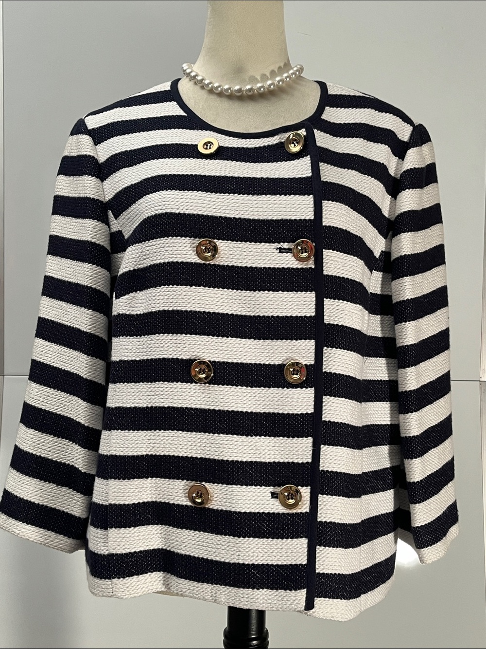 Jones New York Navy and White Striped Double-Breasted Jacket